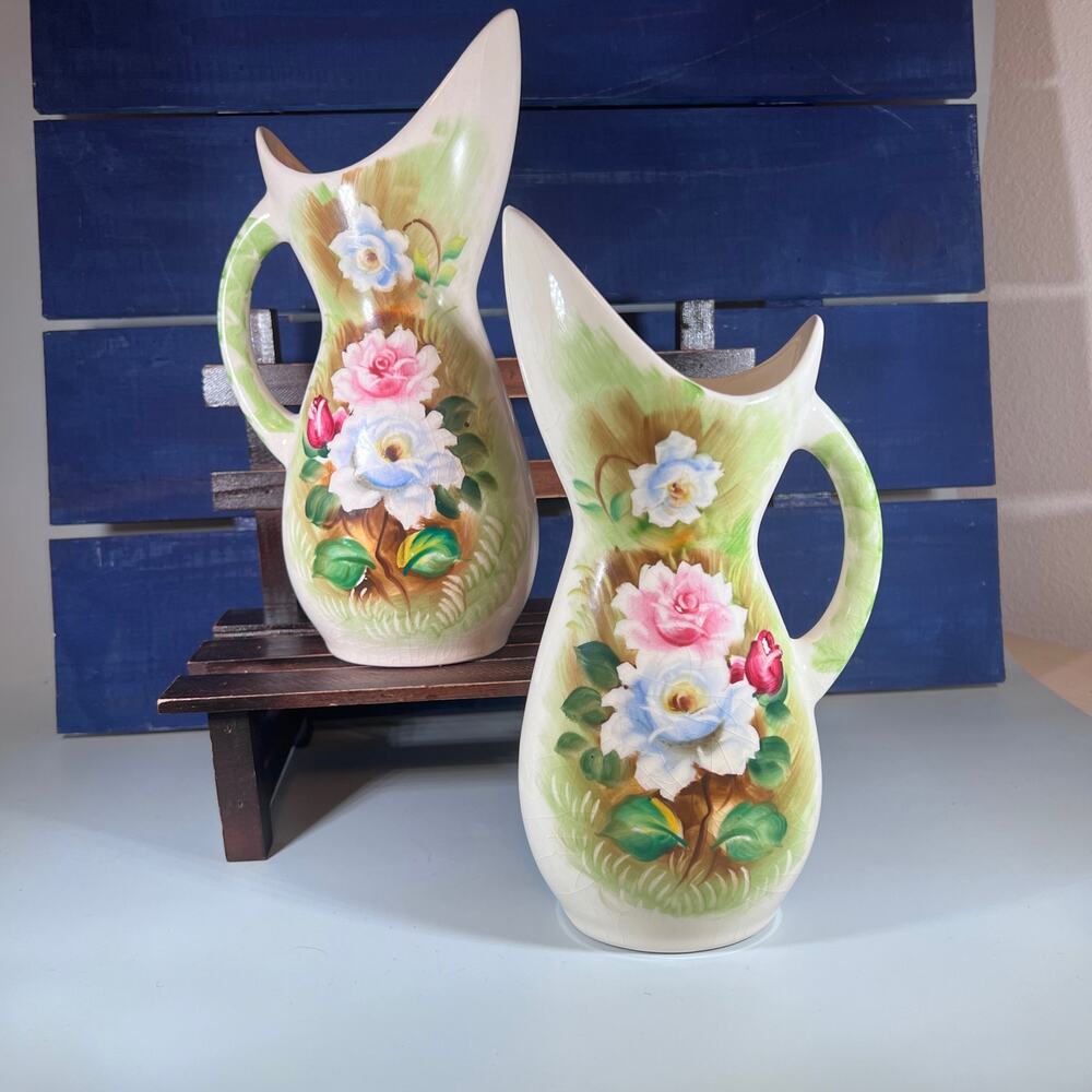Vintage Hand Painted Ucagco Pitchers Set of 2 Floral Design Garden Colonial Gift